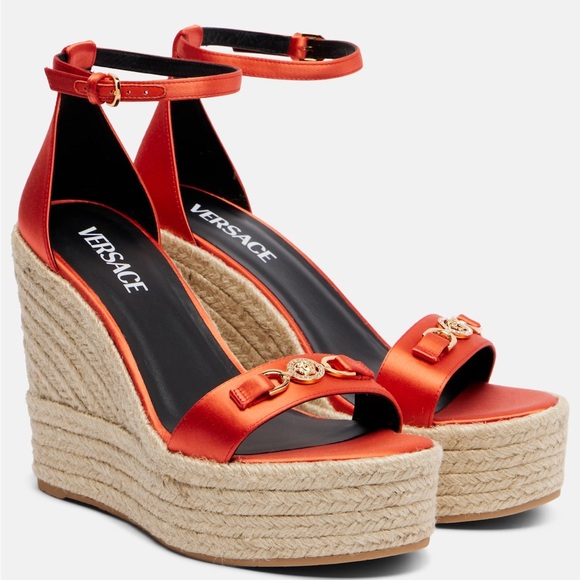 Versace Shoes - Versace Satin Coral Orange 95 Medusa Espadrille Wedges